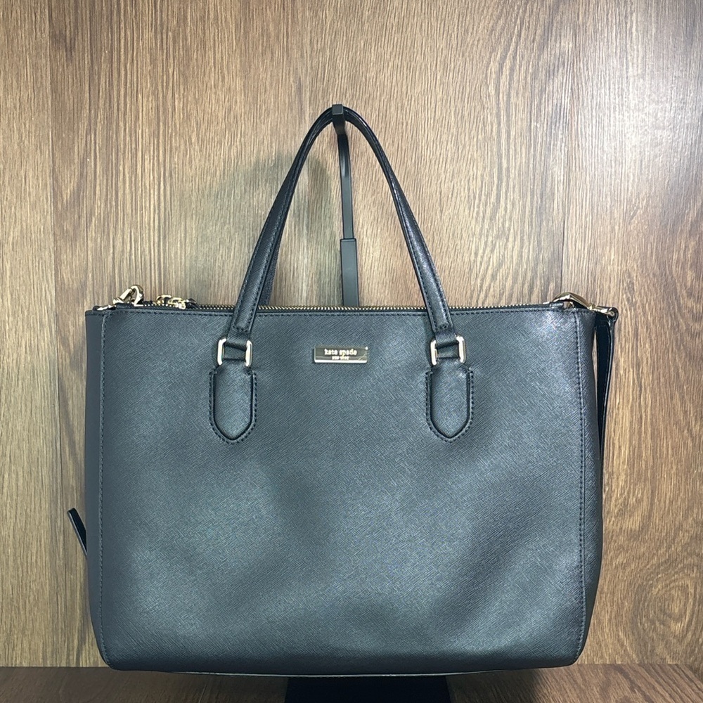 Kate Spade Black Saffiano Leather Zip Top Structured Tote Bag